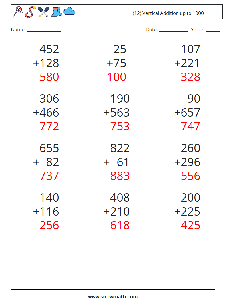 (12) Vertical Addition up to 1000 Math Worksheets 7 Question, Answer