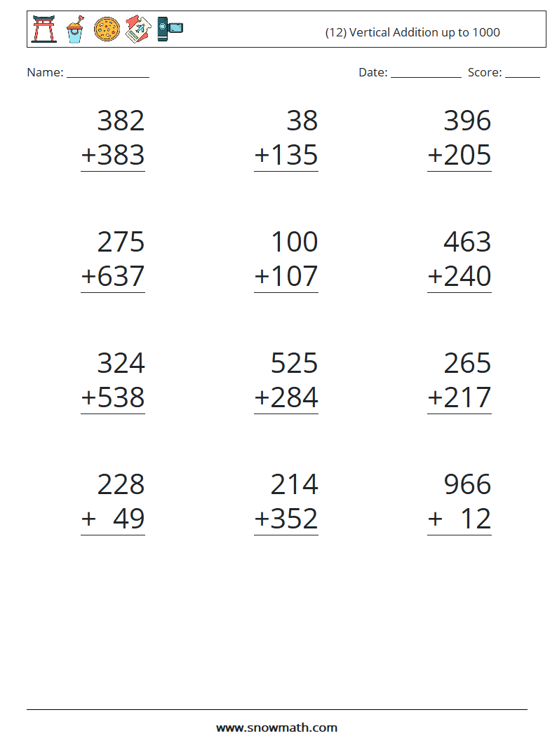 (12) Vertical Addition up to 1000 Math Worksheets 8