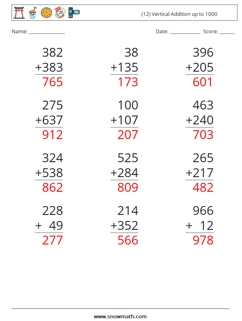 (12) Vertical Addition up to 1000 Math Worksheets 8 Question, Answer