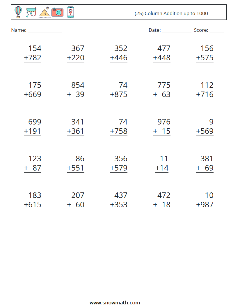 (25) Column Addition up to 1000 Math Worksheets 1