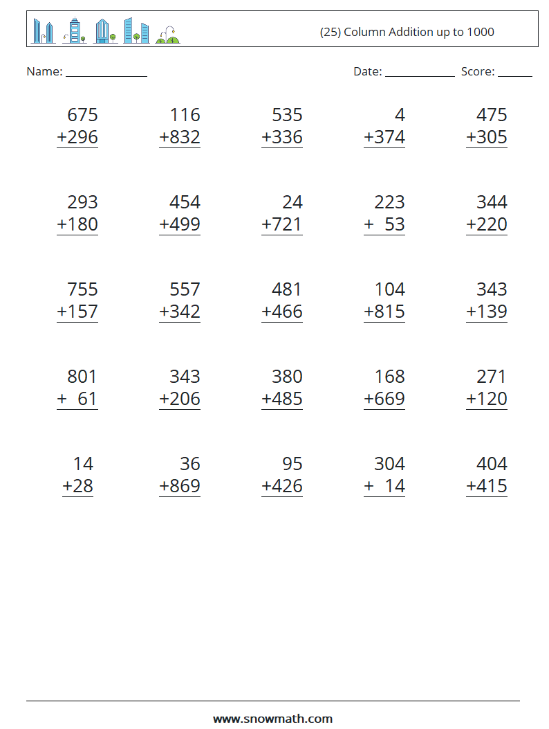 (25) Column Addition up to 1000 Maths Worksheets 11