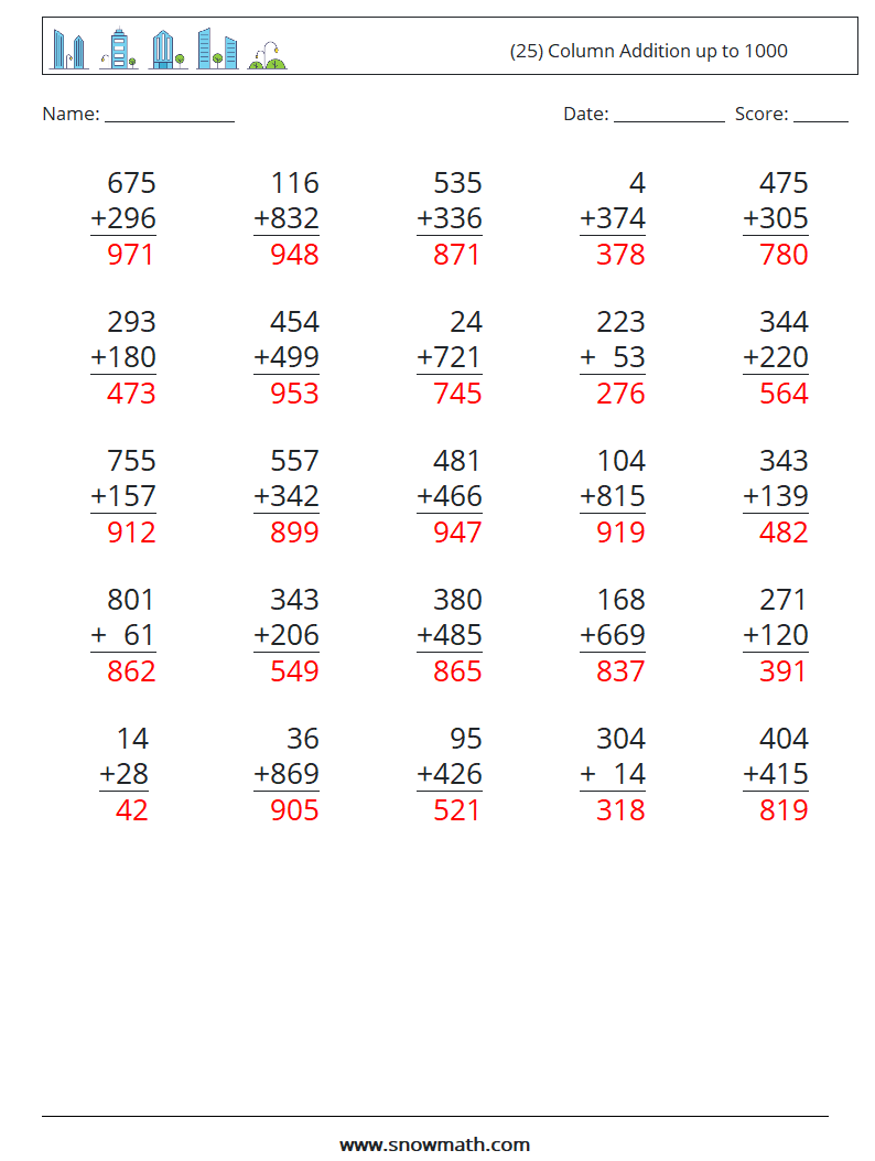 (25) Column Addition up to 1000 Math Worksheets 11 Question, Answer