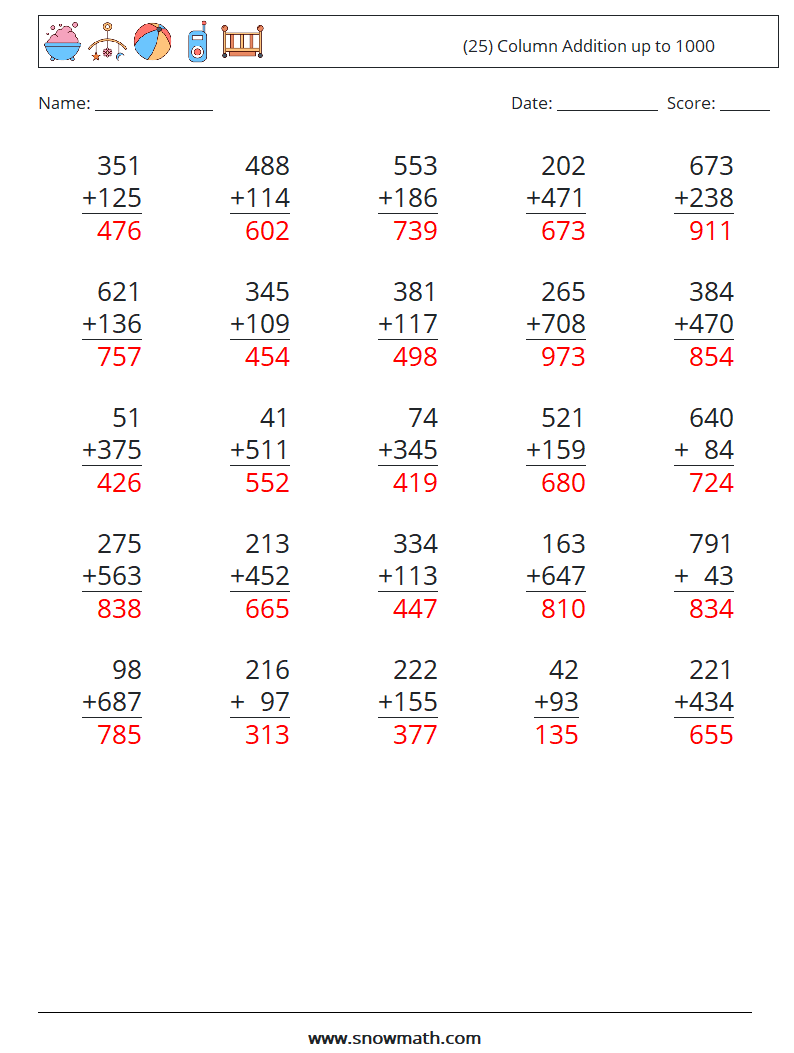 (25) Column Addition up to 1000 Math Worksheets 12 Question, Answer