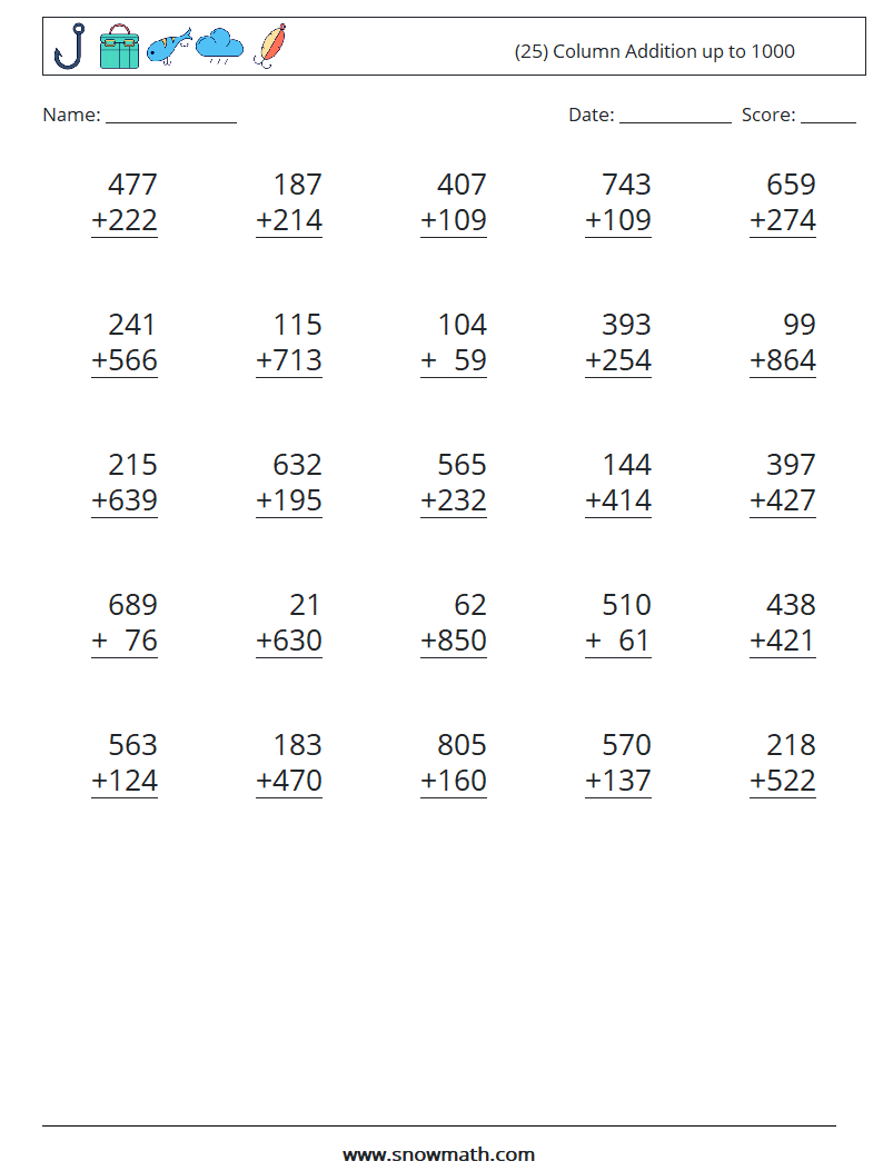 (25) Column Addition up to 1000 Math Worksheets 15