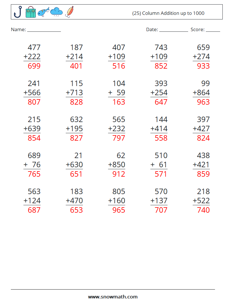 (25) Column Addition up to 1000 Math Worksheets 15 Question, Answer