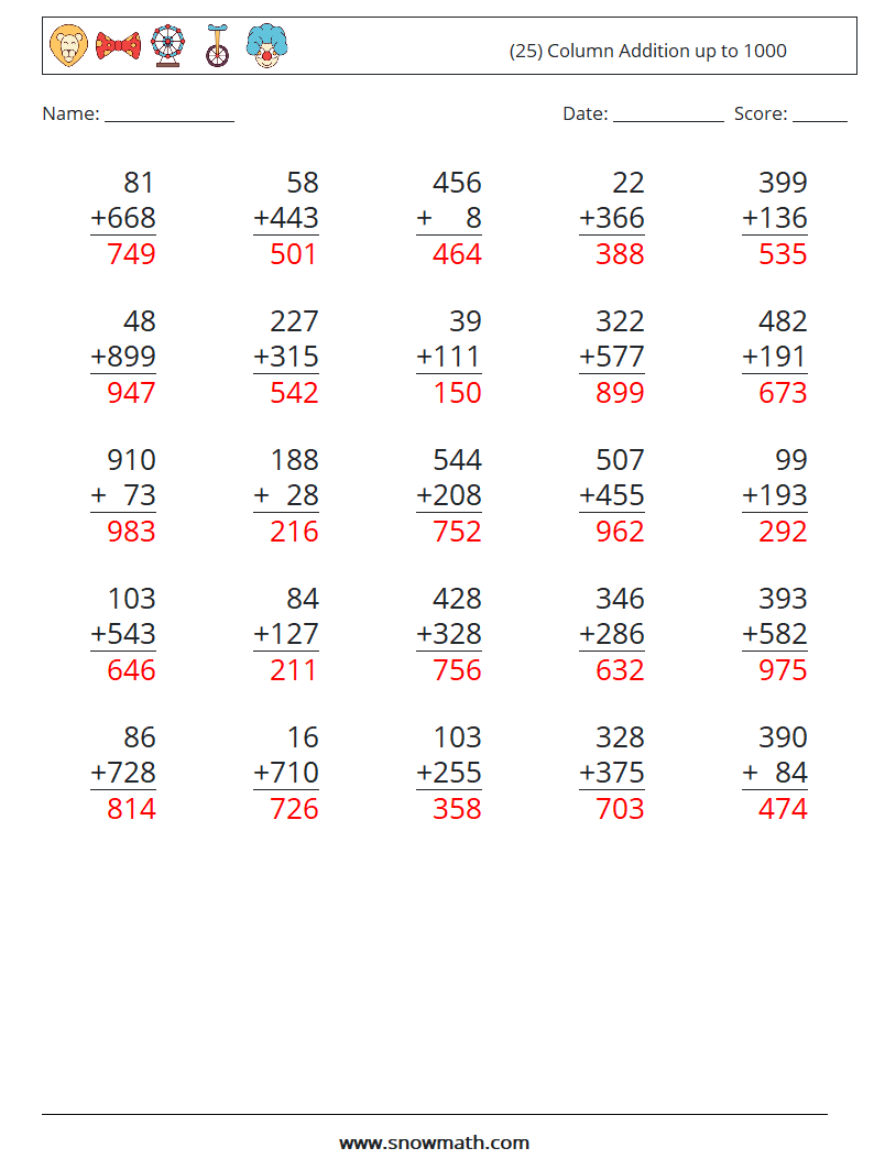 (25) Column Addition up to 1000 Math Worksheets 16 Question, Answer