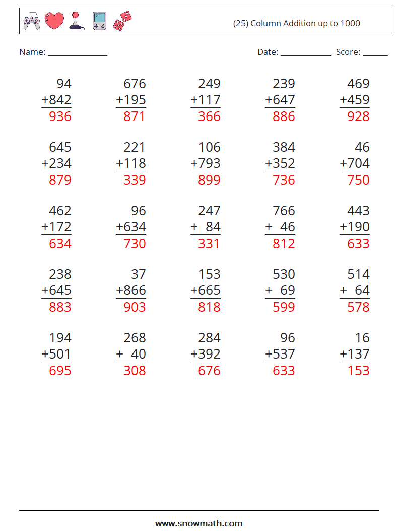 (25) Column Addition up to 1000 Math Worksheets 17 Question, Answer