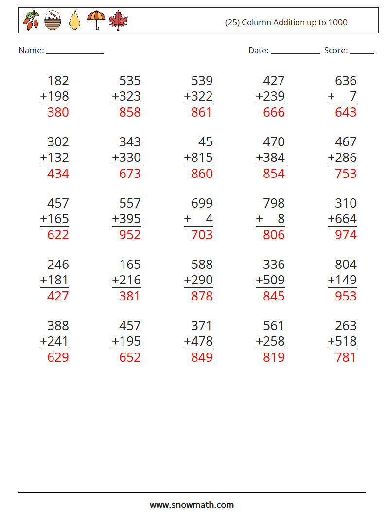 (25) Column Addition up to 1000 Math Worksheets 18 Question, Answer