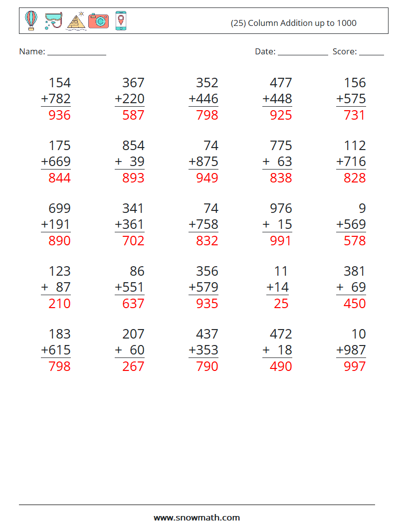 (25) Column Addition up to 1000 Math Worksheets 1 Question, Answer