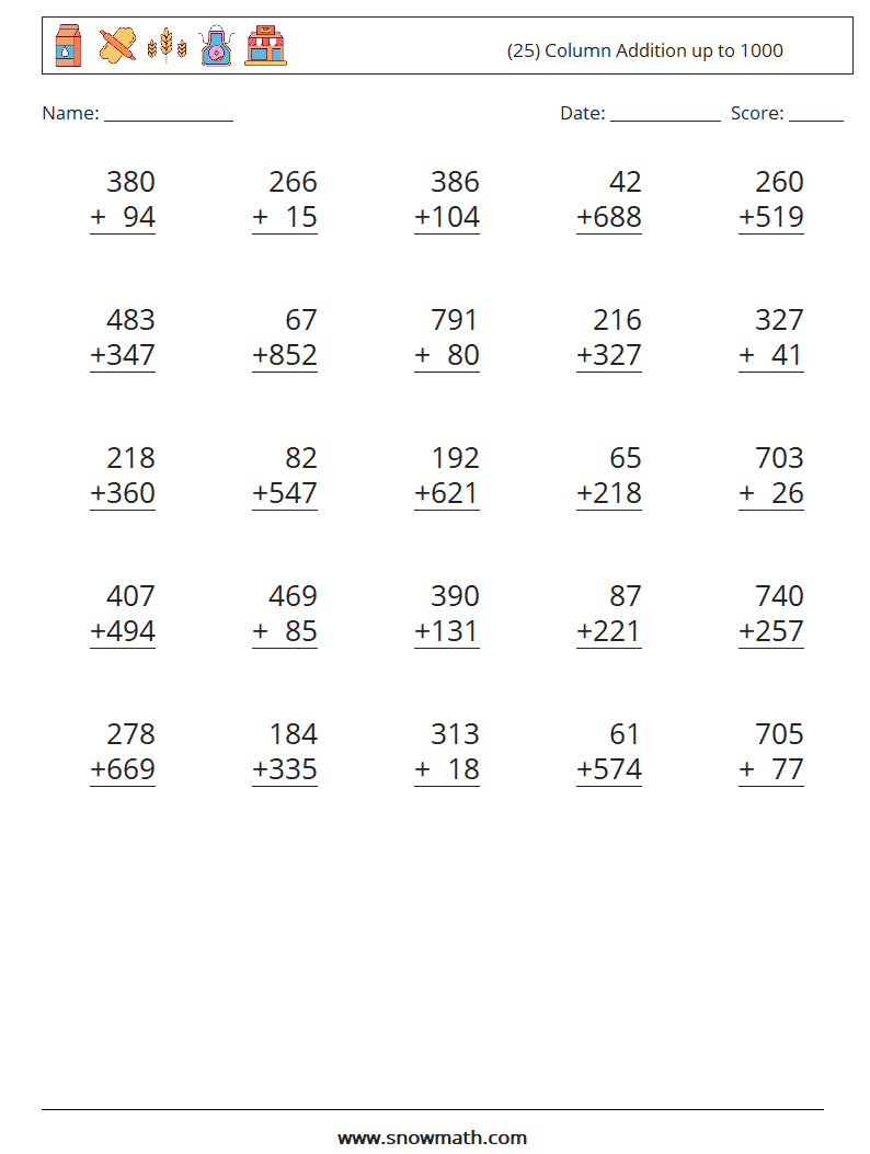 (25) Column Addition up to 1000 Maths Worksheets 2