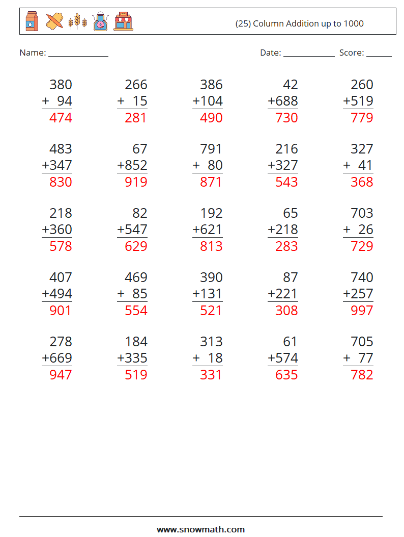 (25) Column Addition up to 1000 Math Worksheets 2 Question, Answer