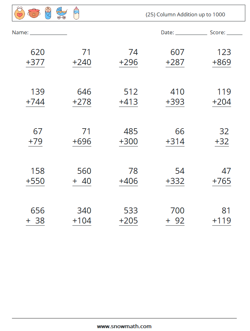 (25) Column Addition up to 1000 Maths Worksheets 3