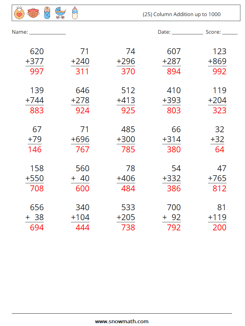 (25) Column Addition up to 1000 Math Worksheets 3 Question, Answer