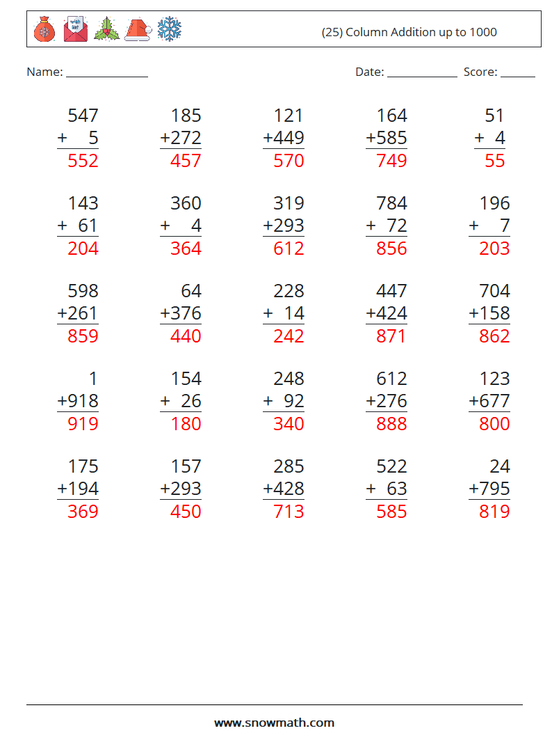 (25) Column Addition up to 1000 Math Worksheets 4 Question, Answer