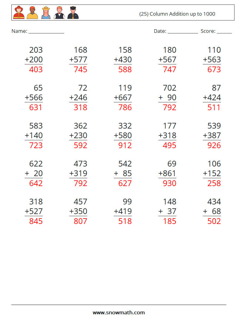 (25) Column Addition up to 1000 Math Worksheets 5 Question, Answer