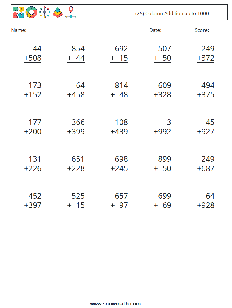 (25) Column Addition up to 1000 Maths Worksheets 6
