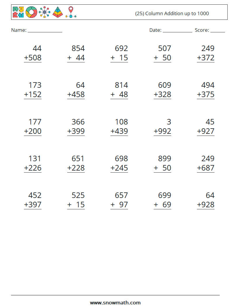 (25) Column Addition up to 1000 Math Worksheets 6