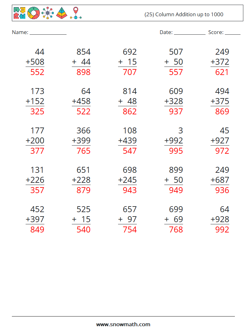 (25) Column Addition up to 1000 Math Worksheets 6 Question, Answer