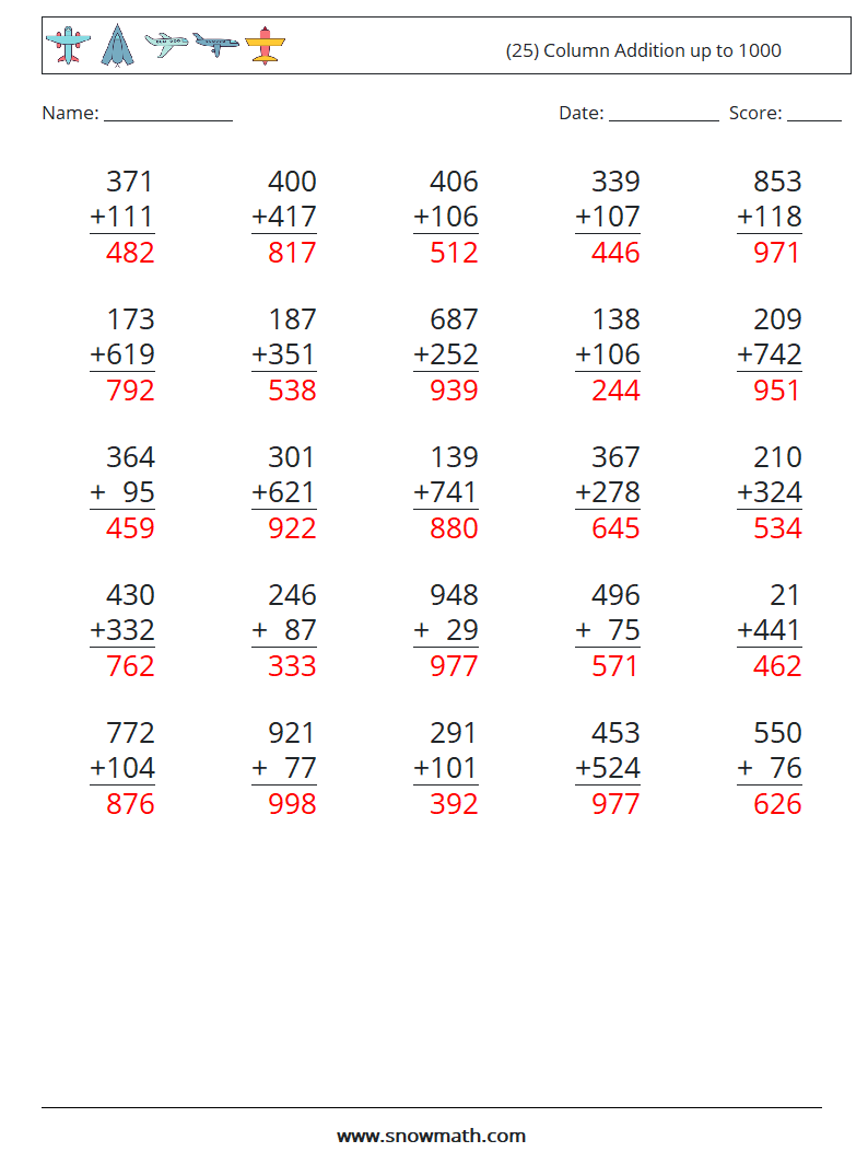 (25) Column Addition up to 1000 Math Worksheets 7 Question, Answer