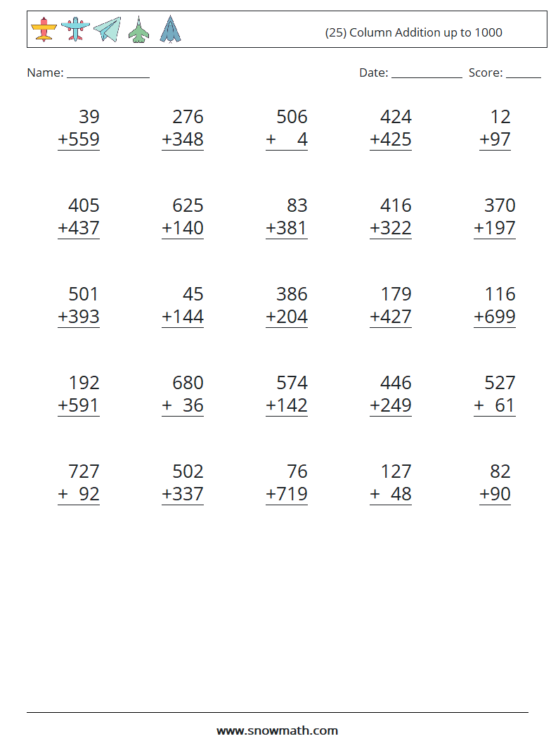 (25) Column Addition up to 1000 Maths Worksheets 8