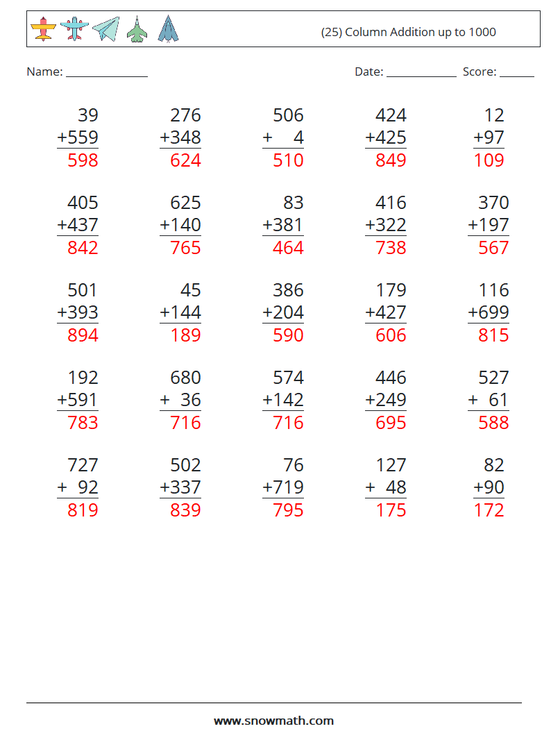 (25) Column Addition up to 1000 Math Worksheets 8 Question, Answer