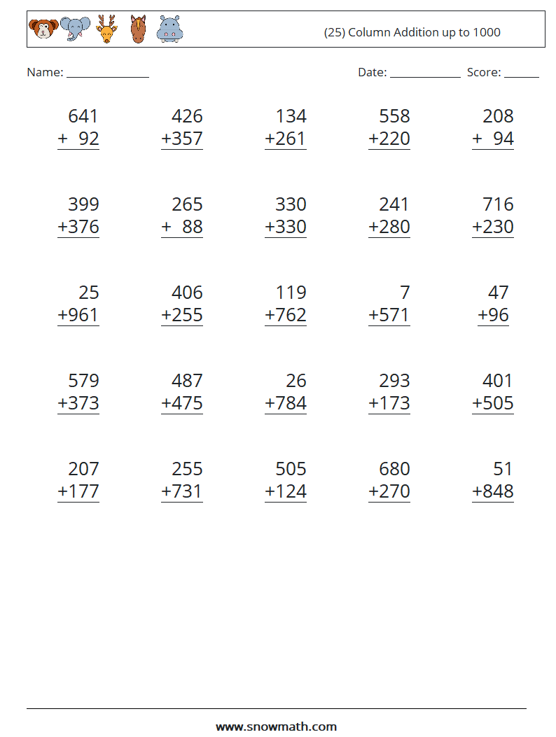 (25) Column Addition up to 1000 Maths Worksheets 9