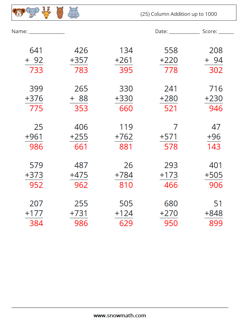 (25) Column Addition up to 1000 Math Worksheets 9 Question, Answer