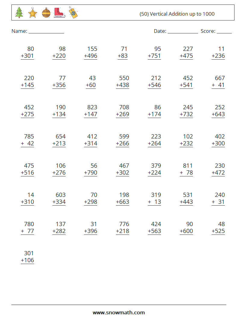 (50) Vertical Addition up to 1000 Math Worksheets 1