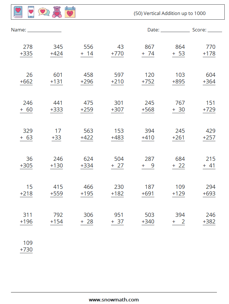 (50) Vertical Addition up to 1000 Maths Worksheets 10