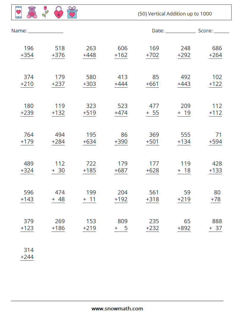 (50) Vertical Addition up to 1000 Math Worksheets 11