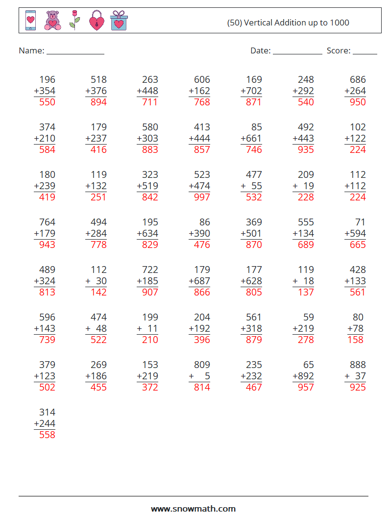 (50) Vertical Addition up to 1000 Math Worksheets 11 Question, Answer