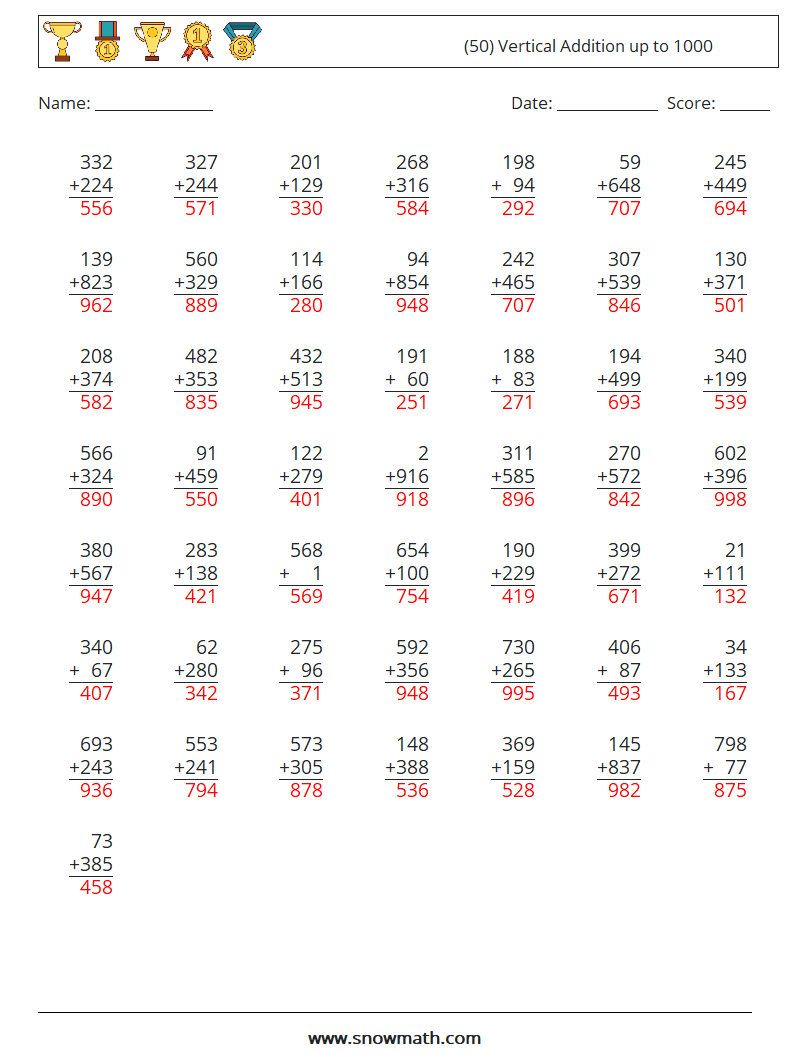 (50) Vertical Addition up to 1000 Math Worksheets 12 Question, Answer