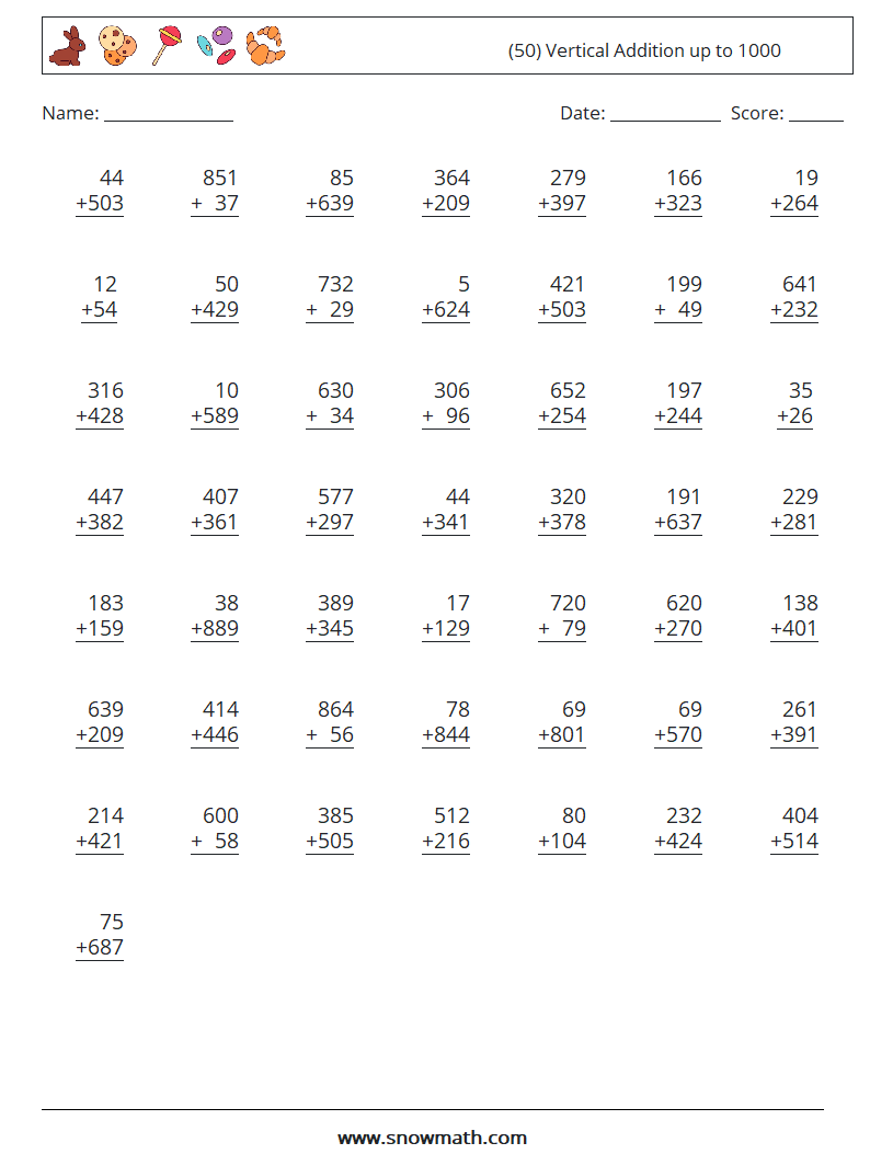 (50) Vertical Addition up to 1000 Maths Worksheets 13