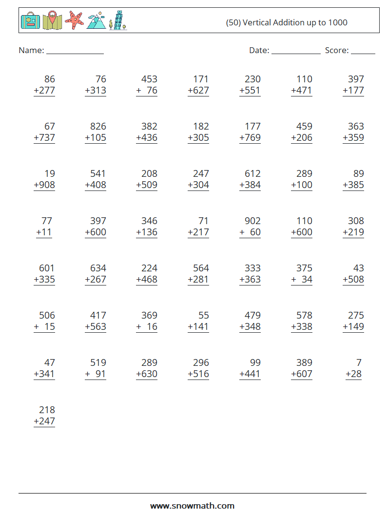 (50) Vertical Addition up to 1000 Maths Worksheets 15