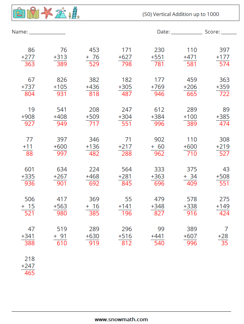 (50) Vertical Addition up to 1000 Math Worksheets 15 Question, Answer