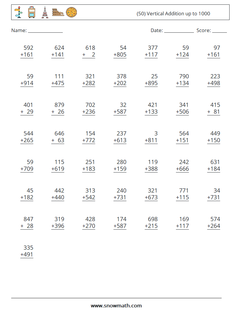 (50) Vertical Addition up to 1000 Maths Worksheets 16