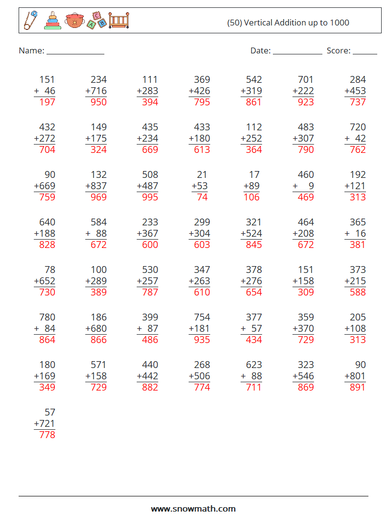 (50) Vertical Addition up to 1000 Math Worksheets 2 Question, Answer