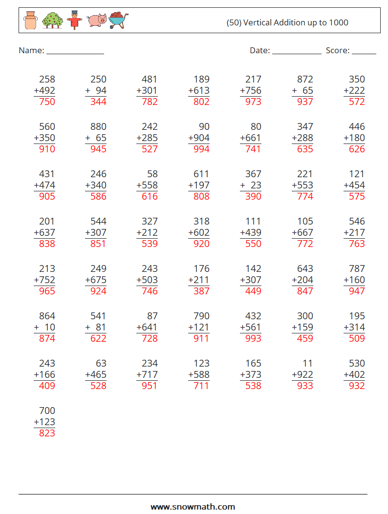 (50) Vertical Addition up to 1000 Math Worksheets 3 Question, Answer