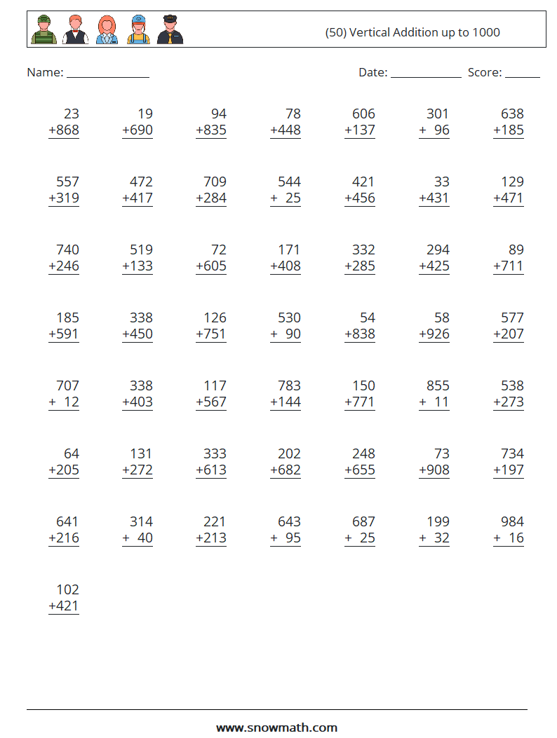 (50) Vertical Addition up to 1000 Math Worksheets 4