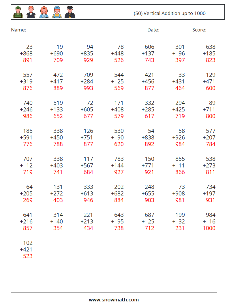 (50) Vertical Addition up to 1000 Math Worksheets 4 Question, Answer