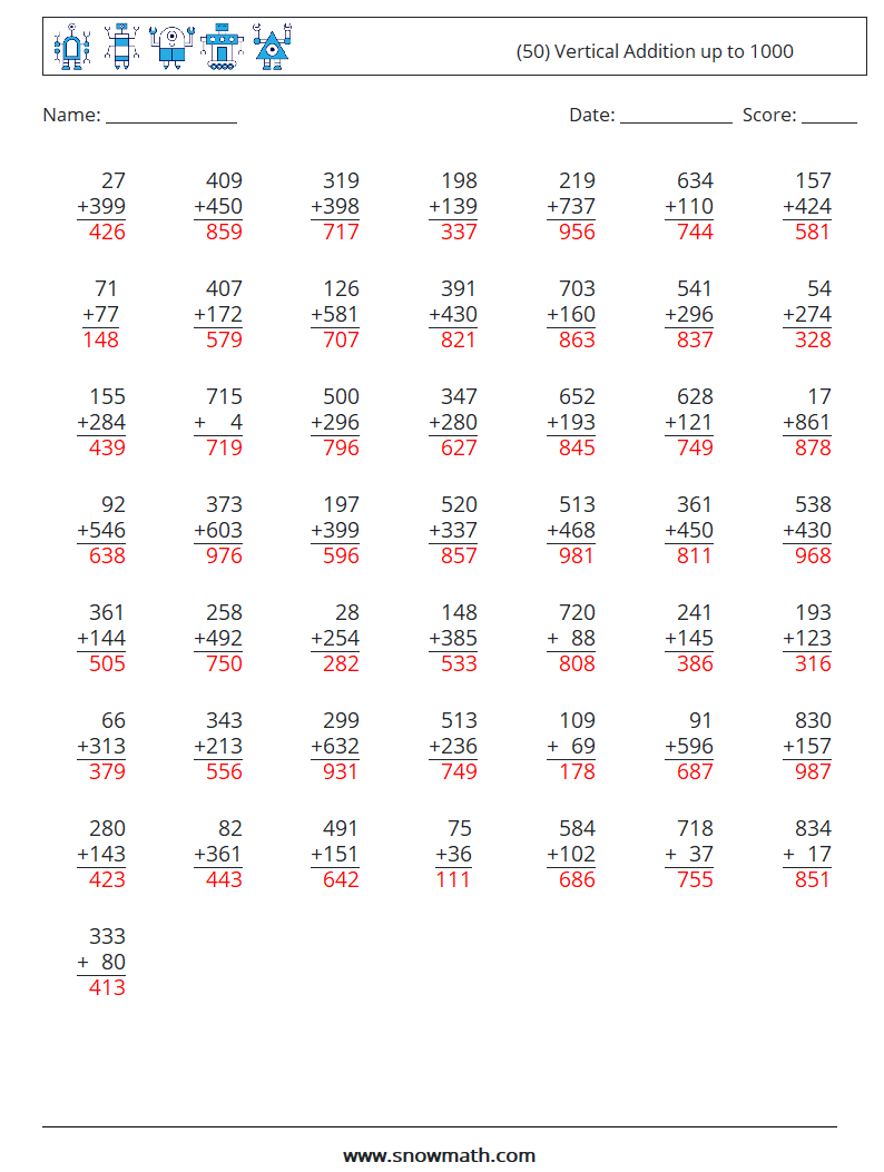 (50) Vertical Addition up to 1000 Math Worksheets 5 Question, Answer