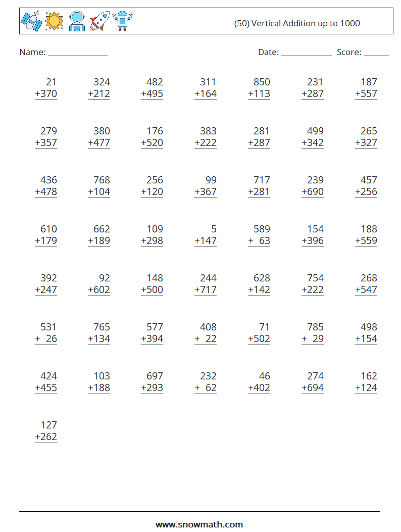 (50) Vertical Addition up to 1000 Math Worksheets 6