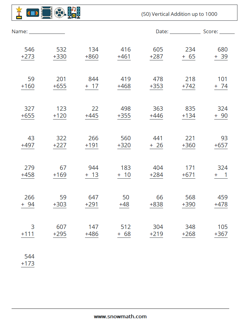 (50) Vertical Addition up to 1000 Math Worksheets 7