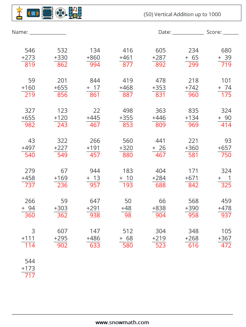 (50) Vertical Addition up to 1000 Math Worksheets 7 Question, Answer