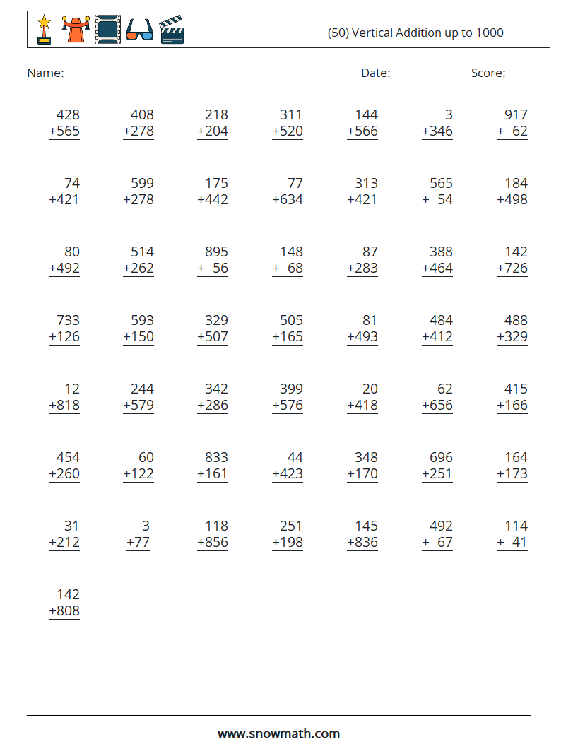 (50) Vertical Addition up to 1000 Math Worksheets 8