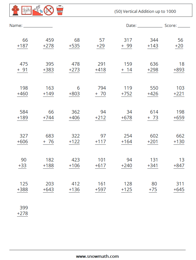 (50) Vertical Addition up to 1000 Math Worksheets 9