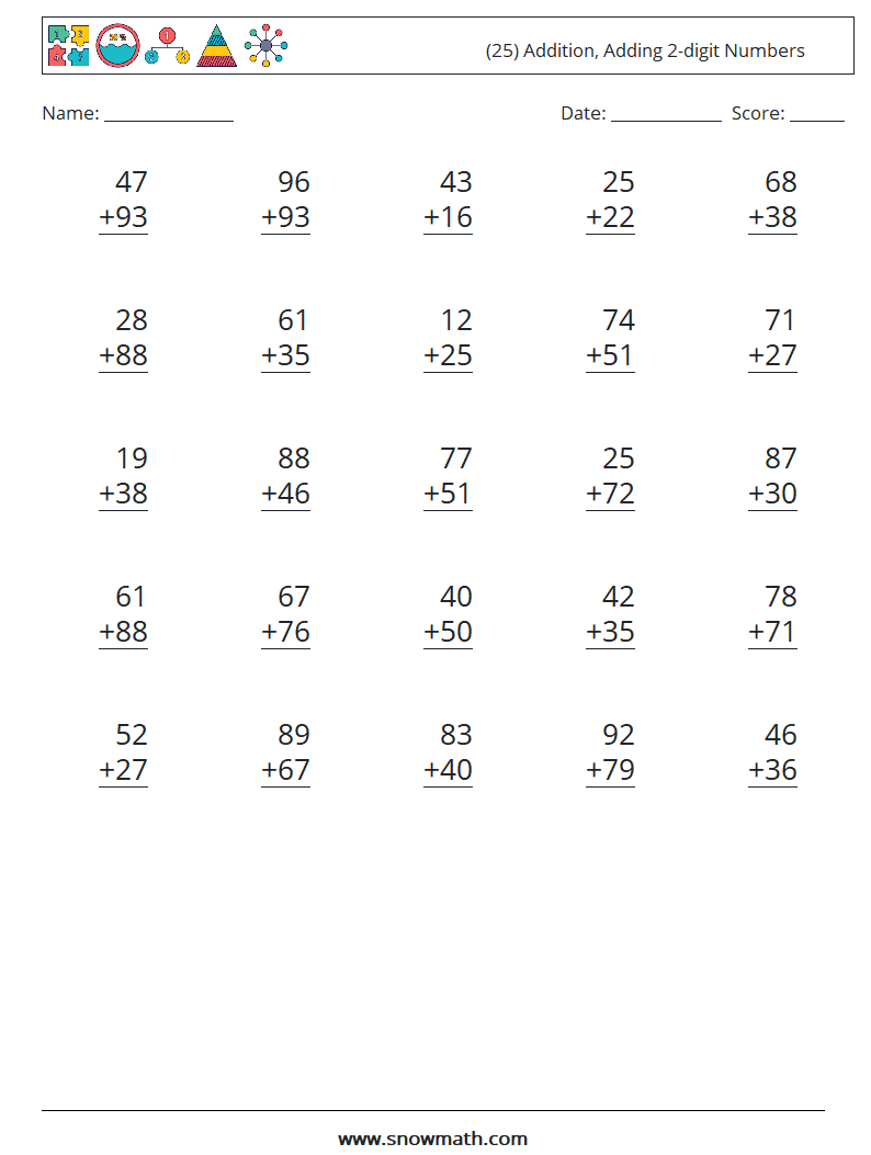 (25) Addition, Adding 2-digit Numbers