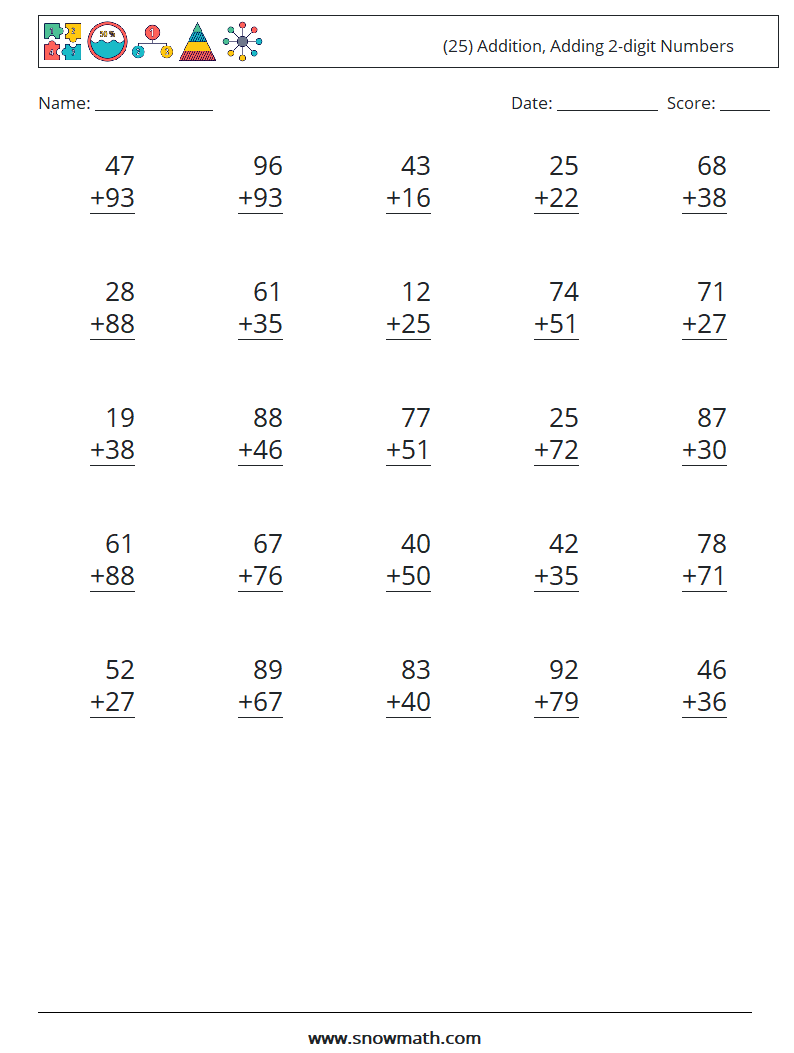 (25) Addition, Adding 2-digit Numbers Maths Worksheets 1