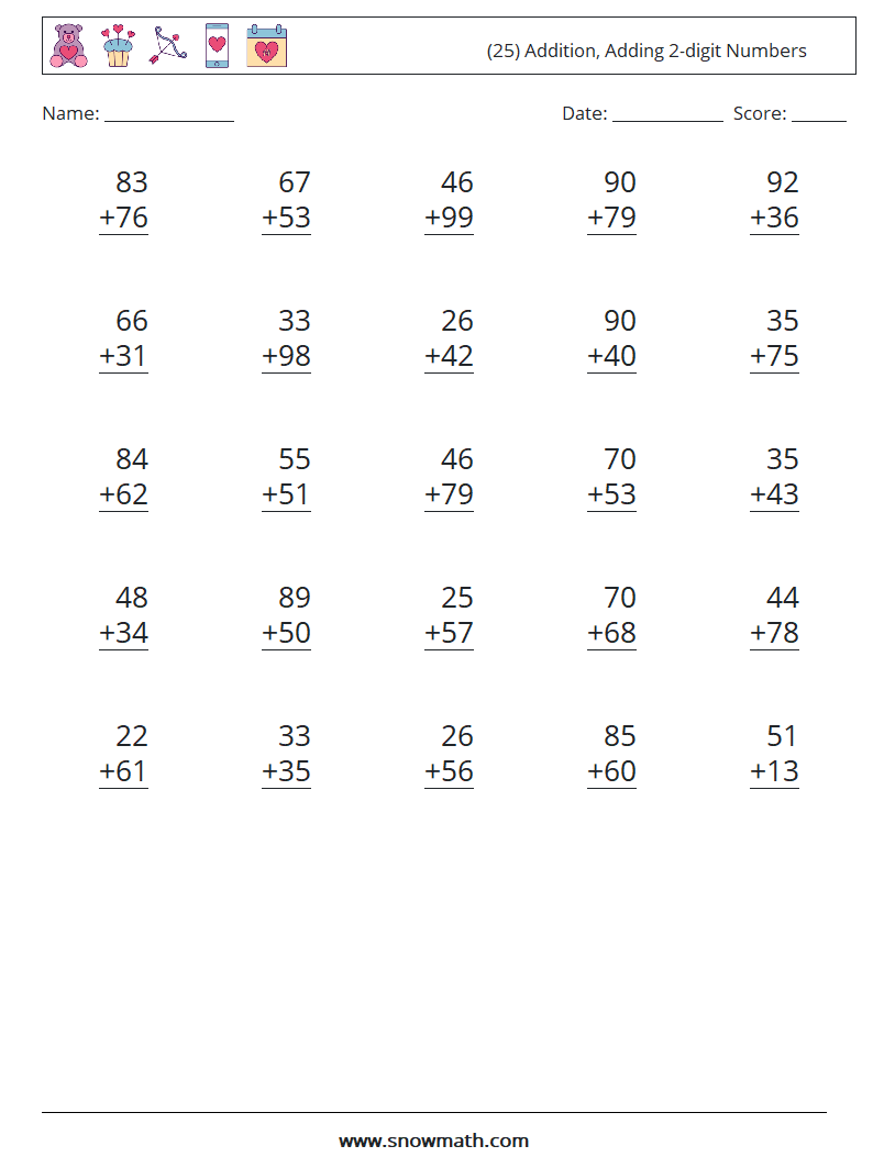 (25) Addition, Adding 2-digit Numbers Maths Worksheets 10