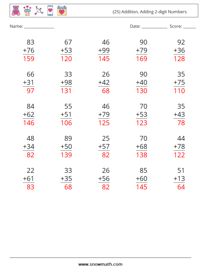 (25) Addition, Adding 2-digit Numbers Math Worksheets 10 Question, Answer